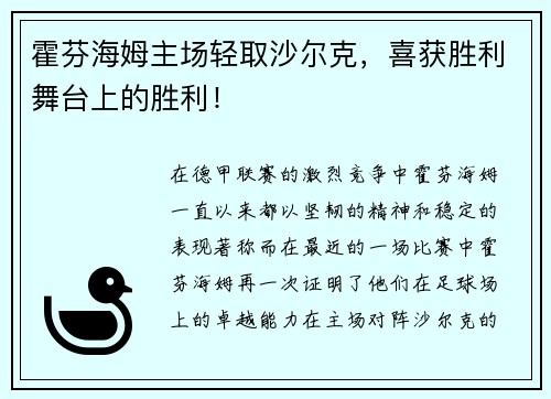 霍芬海姆主场轻取沙尔克，喜获胜利舞台上的胜利！